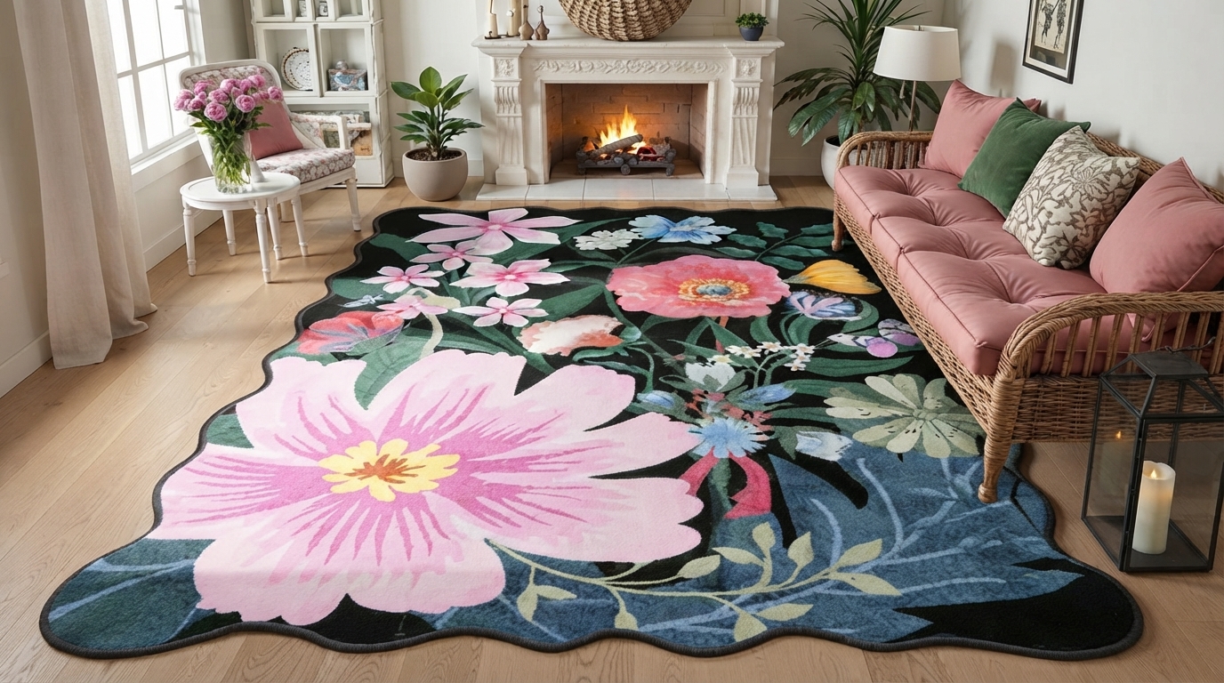 Black Floral Shaped Washable Rug: Style Meets Easy Care