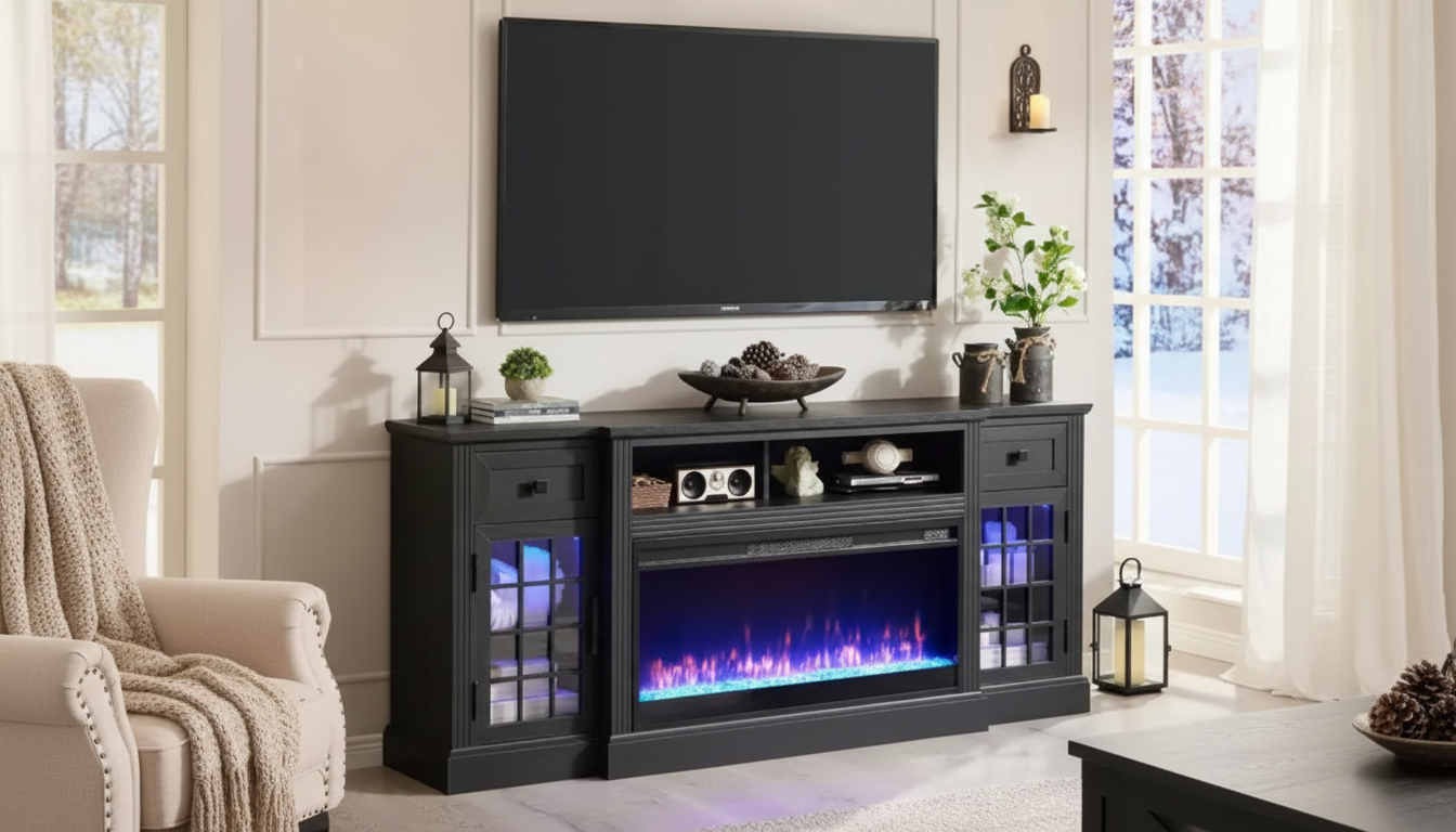 Farmhouse TV Stand w/ LED Lights + 36" Fireplace Guide