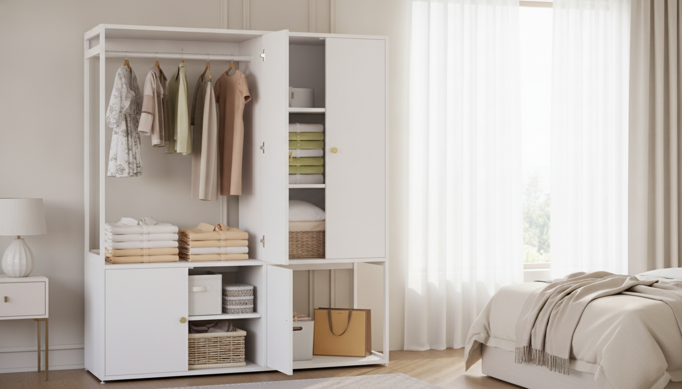 White 4-Door Wardrobe Closet: Rod + Shelves for Storage