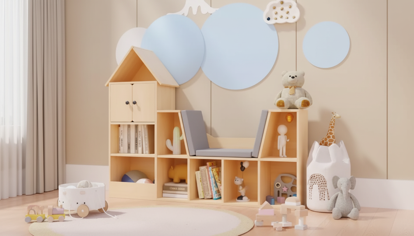 Wooden Kids Bookshelf with Reading Nook & Toy Storage